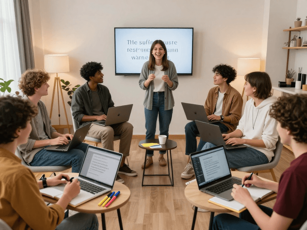 Interactive online improv for beginners class with diverse participants engaging in fun exercises and creativity